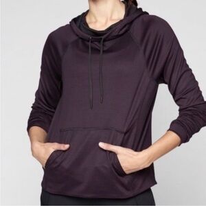 Athleta Heavenly Hail Hoodie Kangaroo Pocket Thumbholes Maroon Black Stripe